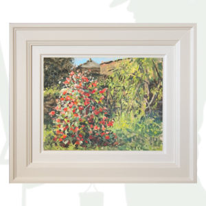 2018-74-Oil-Landscape-The-Patio-of-the-Camellios-and-the-Weeping-Willow-framed-background